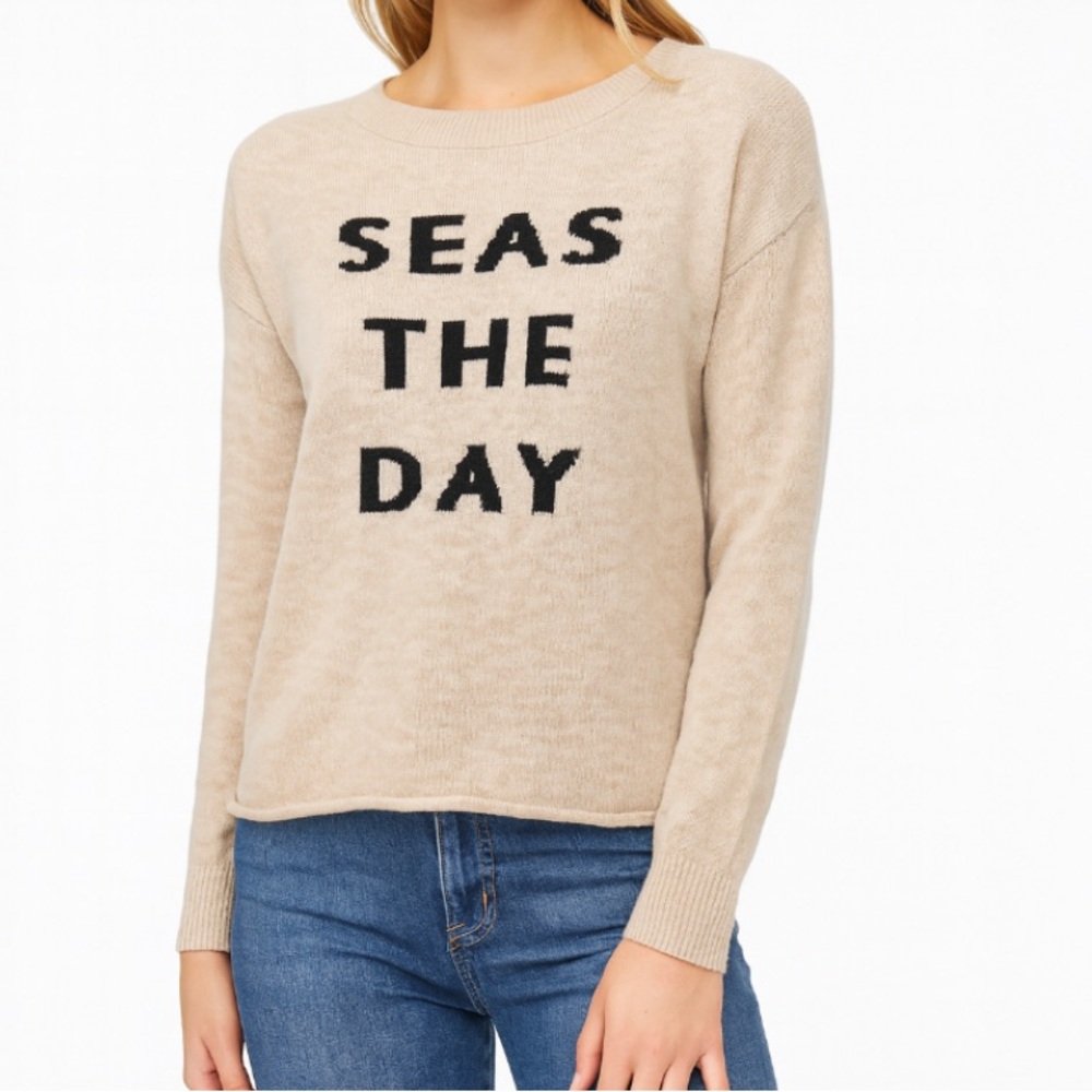 Coastal Graphic Knit Sweater – Beige Navy Nautical Preppy Crewneck – Size Small